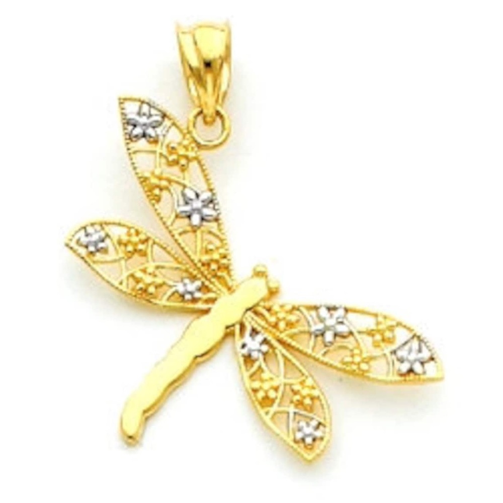 🆕 14k Solid Gold Yellow/White Gold Dragonfly Pendant Diamond Cut